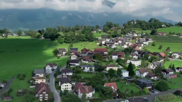 Vista aérea de Liechtenstein com Casas em Campos Verdes em Alpes Mountain Valley — Vídeo de Stock