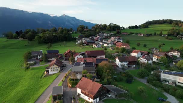 Luftaufnahme von Liechtenstein mit Häusern auf grünen Feldern im Alpental — Stockvideo