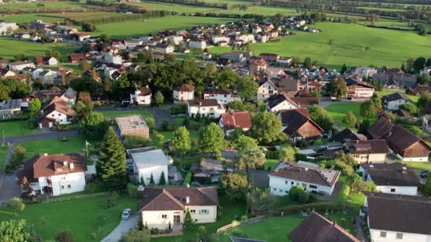 Widok z lotu ptaka na Liechtenstein z domami na zielonych polach w Alpach Mountain Valley — Wideo stockowe