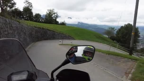 POV Biker Rides Motorcycle on Scenic Narrow Alpine Mountain Road, Λιχτενστάιν — Αρχείο Βίντεο