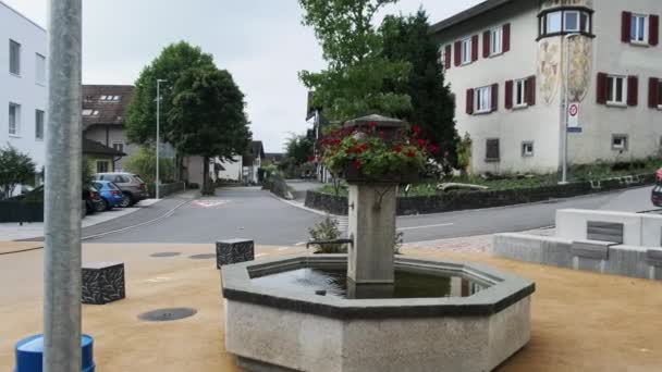 Leere Straße in Alpen Berg Eschen City, Liechtenstein, Häuser auf der Seite — Stockvideo