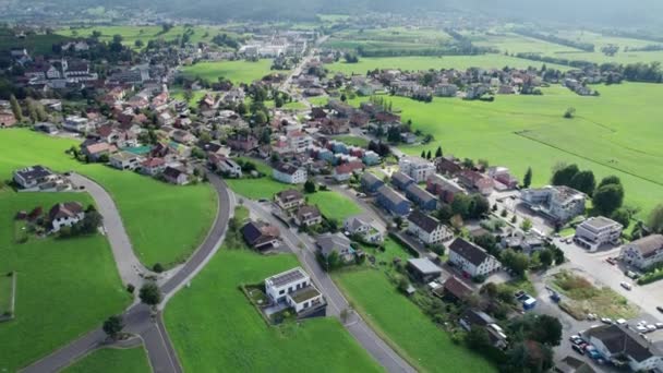 Pemandangan udara Liechtenstein dengan Rumah di Ladang Hijau di Lembah Pegunungan Alpen — Stok Video