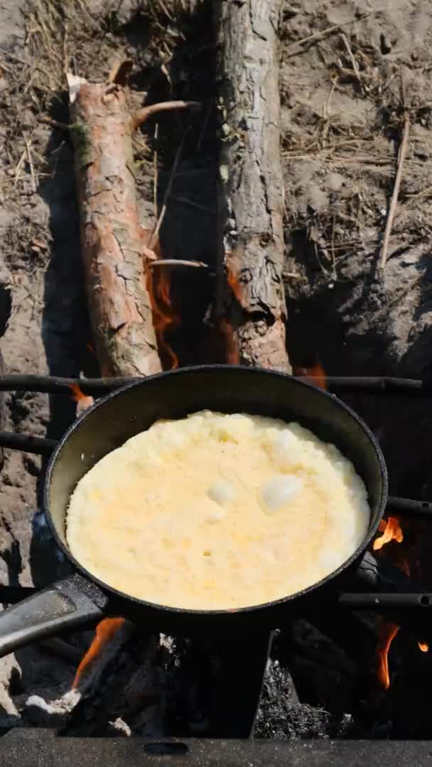 Vertical Video Cooking an Omelet on a Campfire in a Tourist Frying Pan in Nature — Stock Video