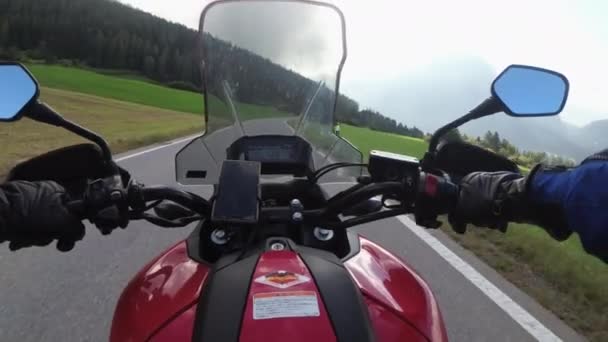 POV Biker Rides on Motorbike by Scenic Green Mountain Road, Swiss Alp, Moto Trip — Stock Video