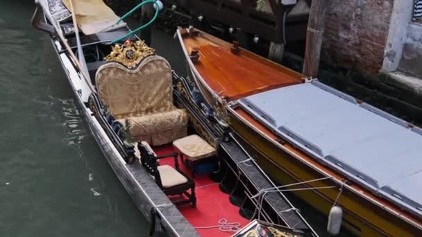 Στενά κανάλια της Βενετίας με γόνδολες σταθμευμένα στο νερό μεταξύ πολύχρωμα σπίτια — Αρχείο Βίντεο