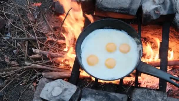 Cucinare le uova sul fuoco del campeggio turistico in padella alla natura — Video Stock