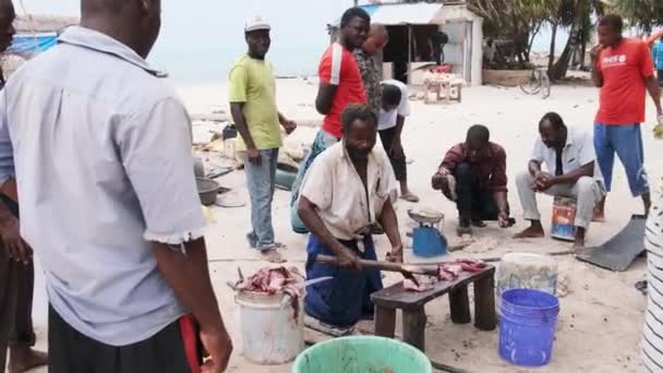 Nelayan lokal Afrika Menjual Menangkap segar di Pasar Ikan oleh Ocean Beach, Zanzibar — Stok Video