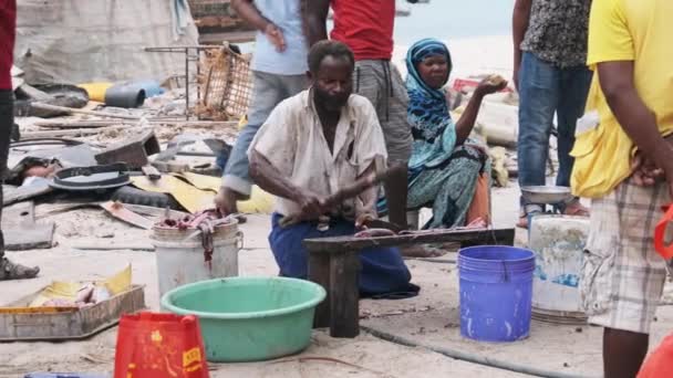 Pescadores africanos locales venden captura fresca en el mercado de pescado por Ocean Beach, Zanzíbar — Vídeo de stock