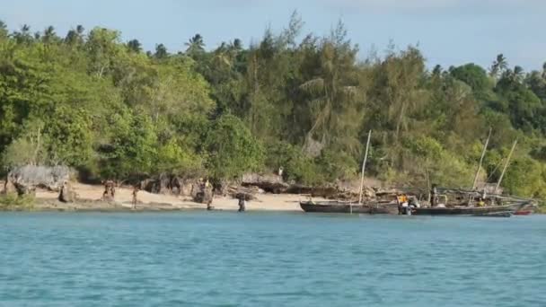 Місцеве риболовецьке селище, місцеві жителі розвантажують риболовний човен Dhow Fishing Boat біля узбережжя — стокове відео
