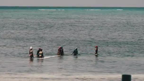 Skupina africké ženy chytání ryb, mořské plody pomocí rybářské sítě v oceánu, Zanzibar — Stock video