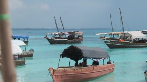 Много старых деревянных африканских лодок закреплено в бирюзовых водах Индийского океана — стоковое видео