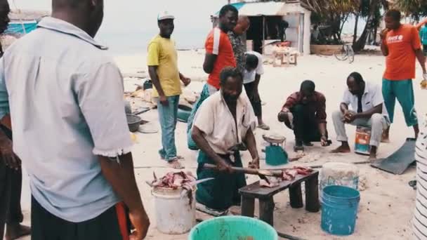 ชาวประมงชาวแอฟริกันท้องถิ่น ขายปลาสดที่ตลาดปลาริมชายหาดมหาสมุทร ซานซิบาร์ — วีดีโอสต็อก