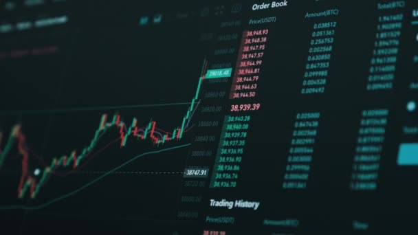 Bitcoin Trading con evolución de precios, Gráfico de cambio de criptomonedas en línea — Vídeo de stock