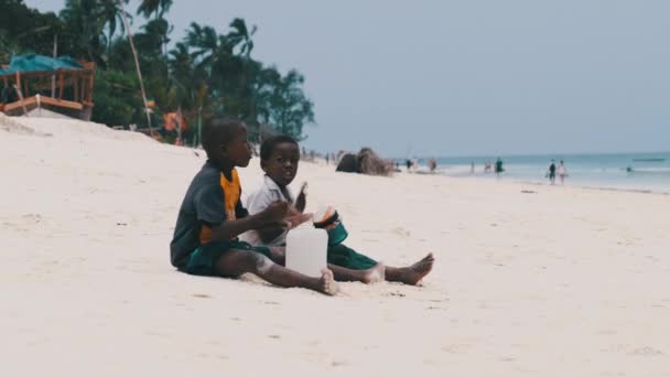 Two Local African Boys Sit on Beach and Play Improvised Bottle Drums, Zanzibar — Stock Video