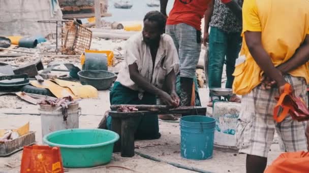 Des pêcheurs africains locaux vendent des prises fraîches sur le marché aux poissons près d'Ocean Beach, Zanzibar — Video