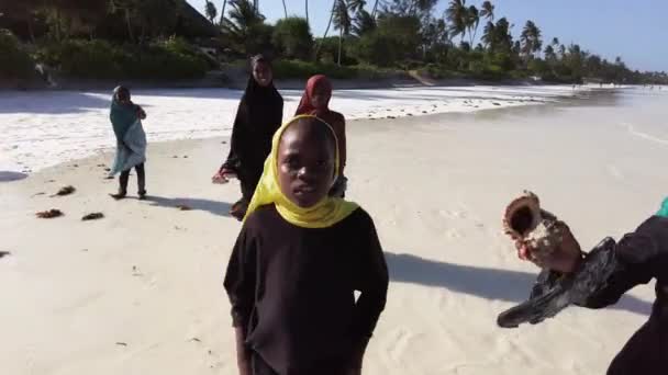 Un grupo de niños africanos extorsionan dinero en una playa en Zanzíbar, África. — Vídeos de Stock