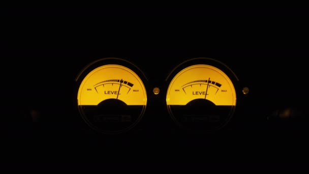 Dvě analogové šipky indikátory hladiny zvukového signálu ve stylu retro stereo — Stock video