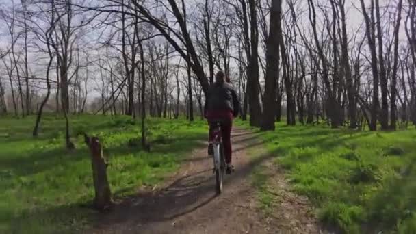 Mujer joven en un paseo en bicicleta por un sendero en el bosque en un soleado día de primavera — Vídeo de stock