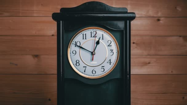 Timelapse of Vintage Clock with Movement of Time Hands on Wooden Background — Stock Video