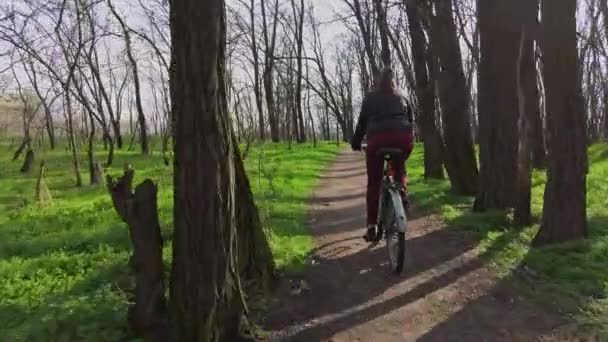 Giovane donna su un giro in bicicletta lungo un percorso nella foresta in una giornata di primavera soleggiata — Video Stock