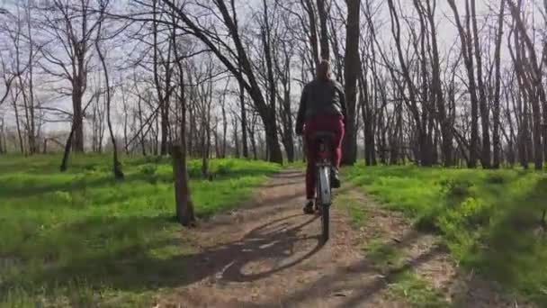 Jovem em um passeio de bicicleta ao longo de um caminho na floresta em um dia ensolarado da primavera — Vídeo de Stock