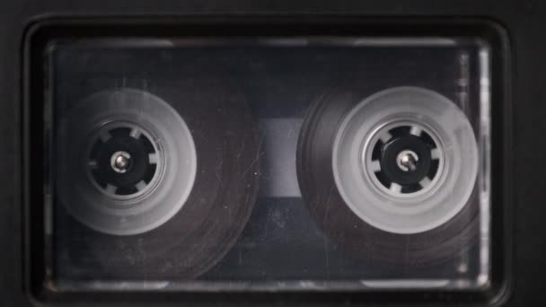 Vintage Transparent Audio Cassette Playing in Deck of an Old Tape Recorder — Stock Video