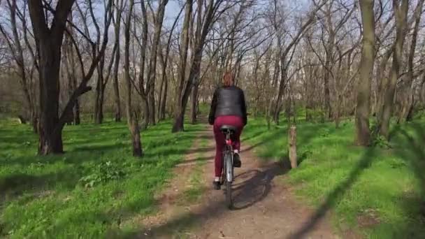 Молодая женщина на велосипеде едет по тропе в лесу в солнечный весенний день — стоковое видео