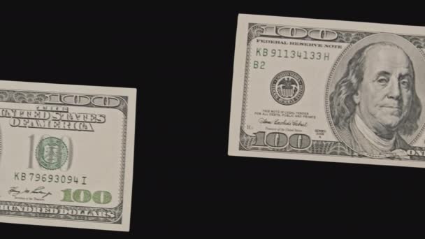 Две банкноты по 100 долларов в мужских руках с каналом Альфа — стоковое видео