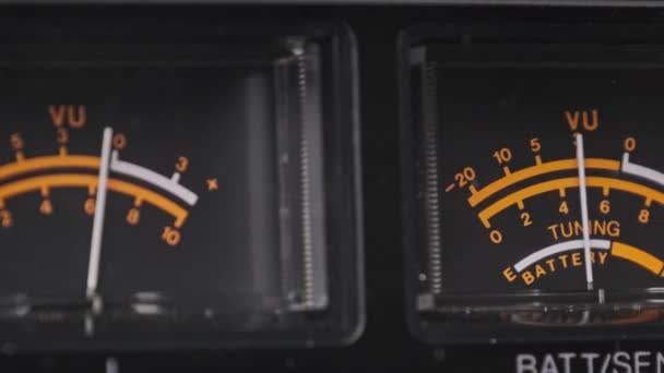 Analog VU Meters on Black Colored Stereo Tape Recorder, Arrow Indicators — Stock Video