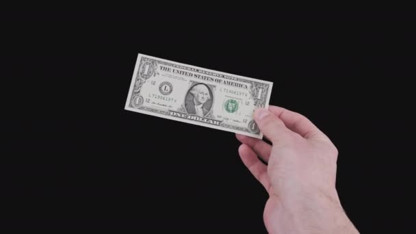 Mano masculina Mostrar billete de un dólar con canal alfa — Vídeos de Stock