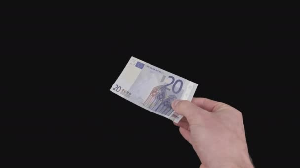 Male Hand Shows a Banknote of 20 Euros with Alpha Channel — Vídeo de stock