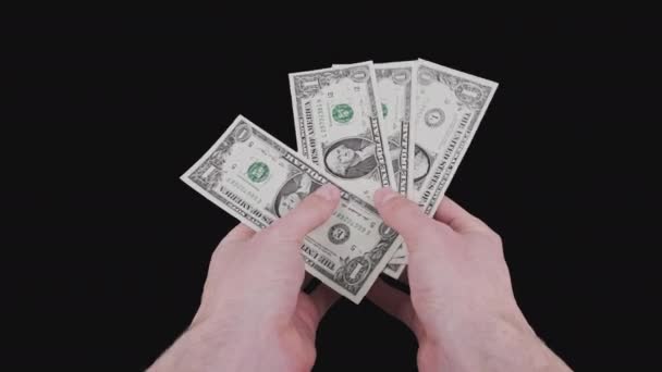 Mains masculines montrent plusieurs projets de loi d'un dollar avec canal Alpha — Video