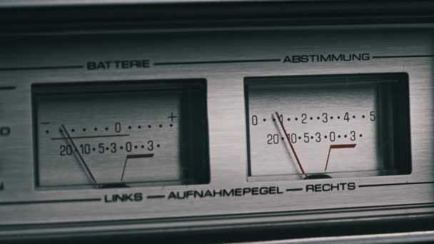 Two Analog VU Meters on Silver Colored Tape Recorder, Arrow Indicators — Stock Video