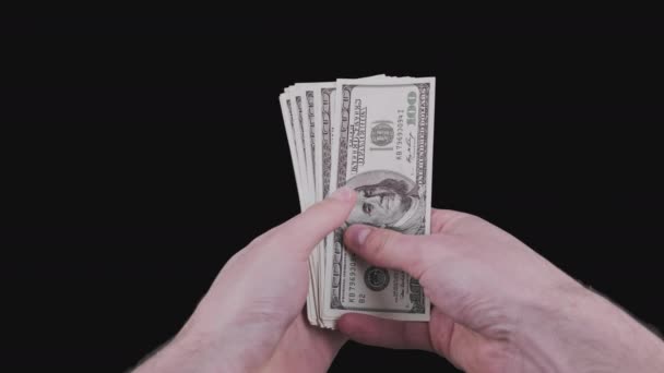 Male Hands Counting Lot of 100 American Dollar Banknotes Fan with Alpha Channel — Stock Video