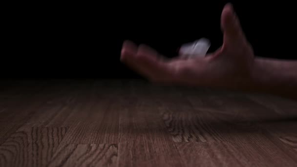 Addict Hand with Syringe Falls to Floor Just Pricked Heroin Drugs, Slow Motion — Stock Video