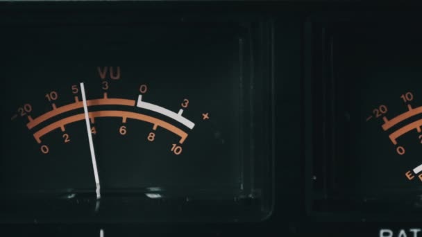 Analog VU Meters on Black Colored Stereo Tape Recorder, Arrow Indicators — Stock Video