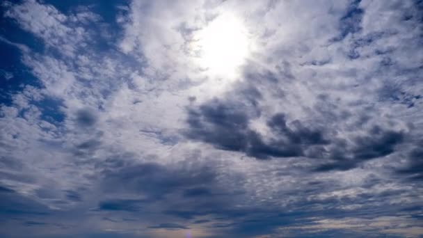 Nuvens em camadas se movem no céu azul sob o sol brilhante, Fluffy Cloudscape Timelapse — Vídeo de Stock