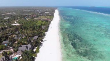 Ocean Coastline, Barrier Reef by Beach Hotels Low Tide, Zanzibar, Aerial View