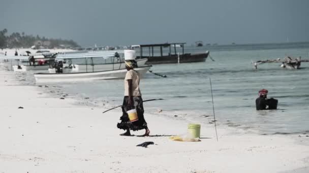 Místní Afričanka s kýblem na hlavě kráčí po pláži, Zanzibar — Stock video