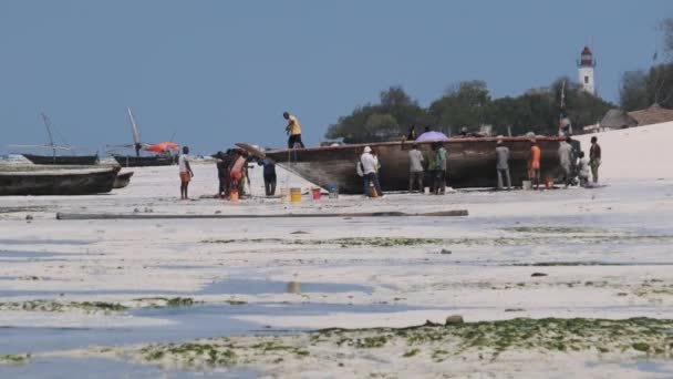 Muchos pescadores africanos locales cerca de Wooden Fishing Boat Dhow en una playa de arena — Vídeo de stock