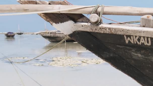 Afrikai hagyományos fahajó rekedt homokban a tengerparton apálykor, Zanzibár — Stock videók