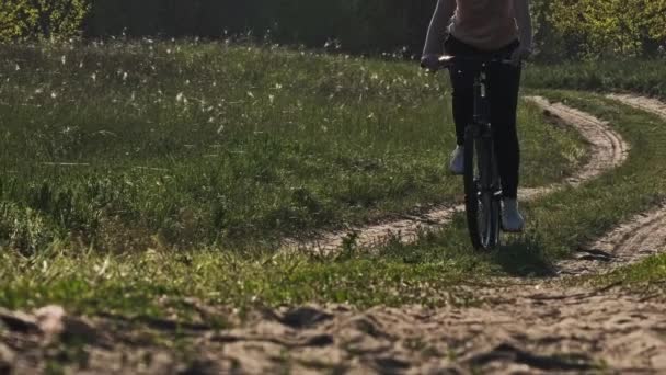 Giovane Donna Bicicletta Lungo Sentiero Verde Della Foresta Nella Soleggiata — Video Stock