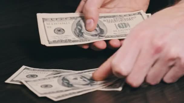 Counting Old Hundred Dollar Banknotes Black Wooden Table Male Hands — Stockvideo