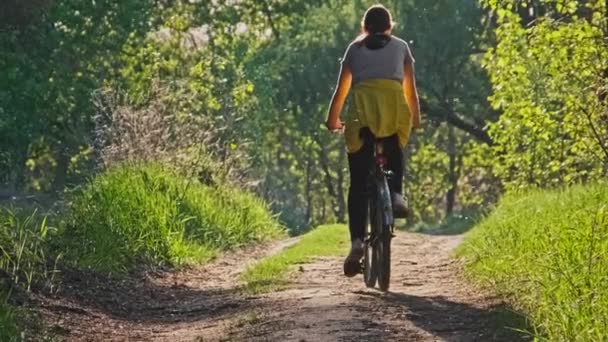 晴れた夏の日には緑豊かな地域の森の道に沿って自転車に乗る女性 スローモーション 自転車に乗っている女性は田舎の牧草地の近くをトレイルします レジャー活動 健康的なサイクリングライフスタイル — ストック動画