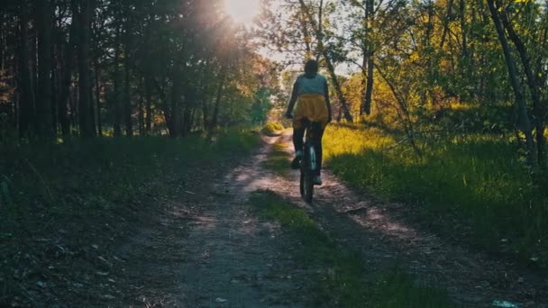 Woman Bicycle Rides Forest Path Green Forest Sunny Summer Day — Stockvideo