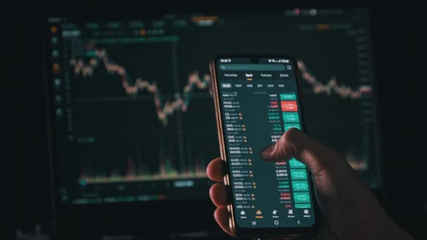 Investor Checking Cryptocurrency Price Smartphone Screen Many Crypto Assets Show — Stock videók