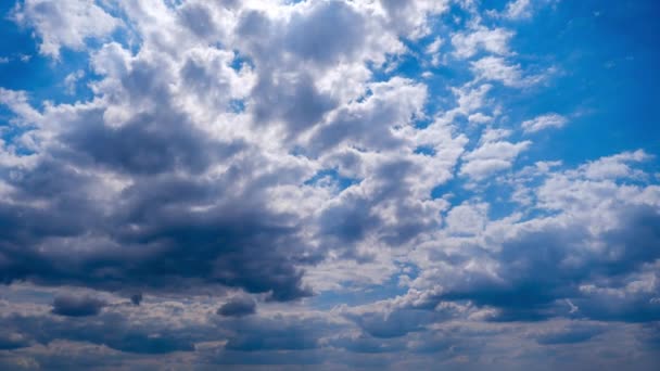 青い空の雲がゆっくりと移動し タイムラプスを変更します 雲の空間では 層状のサークル雲が溶解する 偉そうな空だ 夏の雲 時間の経過 天気を変えろ 雲の背景 — ストック動画