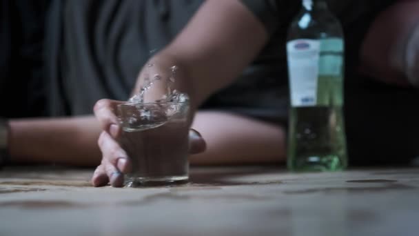 Alcoholic Falls Floor Glass Vodka Spilled Floor Alcohol Overdose Alcoholism — Stock Video