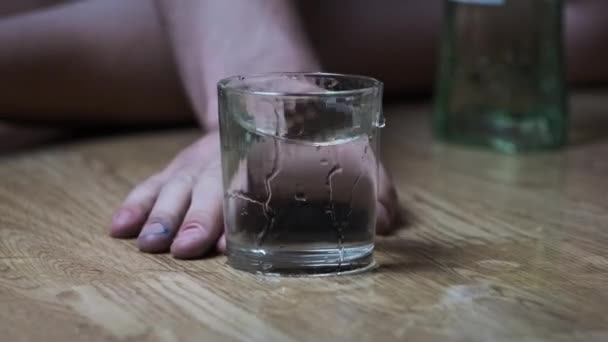 Slow Motion Alcoholic Falls Floor Spilled Glass Alcohol Vodka Overdose — Stock Video