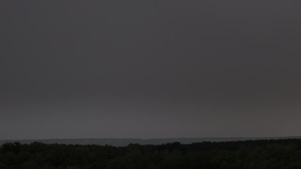 暴风雨云中闪烁着闪电 厚重的云彩带来了多次闪电和雷雨 黑暗的夜空中 森林地平线上方的巨大闪电击中了地面 慢动作4K — 图库视频影像